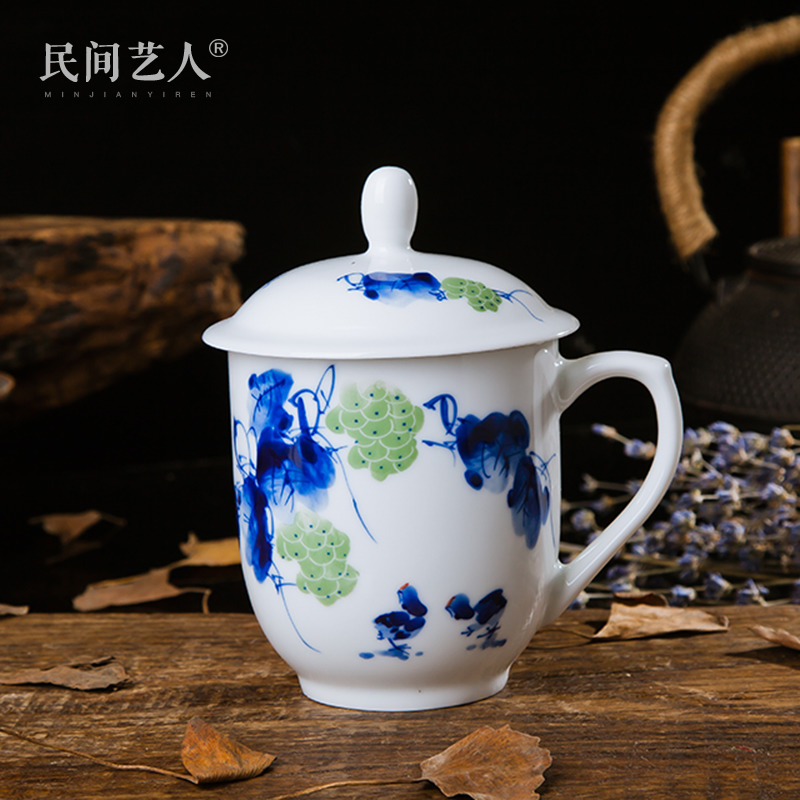 Jingdezhen Ceramic Hand-painted Tea Cup Office Meeting Cup Green Flower White Porcelain Handmade Water Cup With take lid