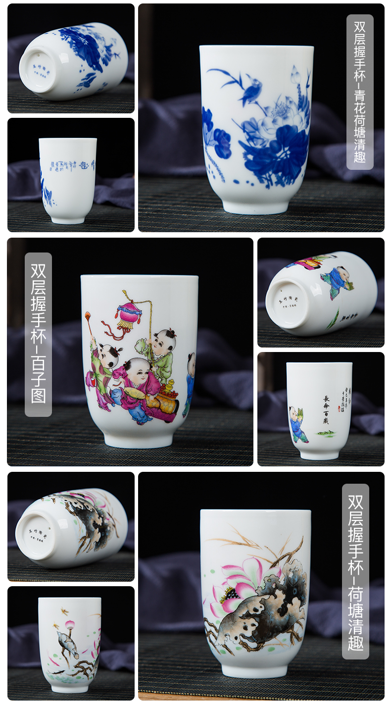 Folk artists pastel blue and white porcelain double insulation handshake personal single CPU jingdezhen ceramic large tea cups