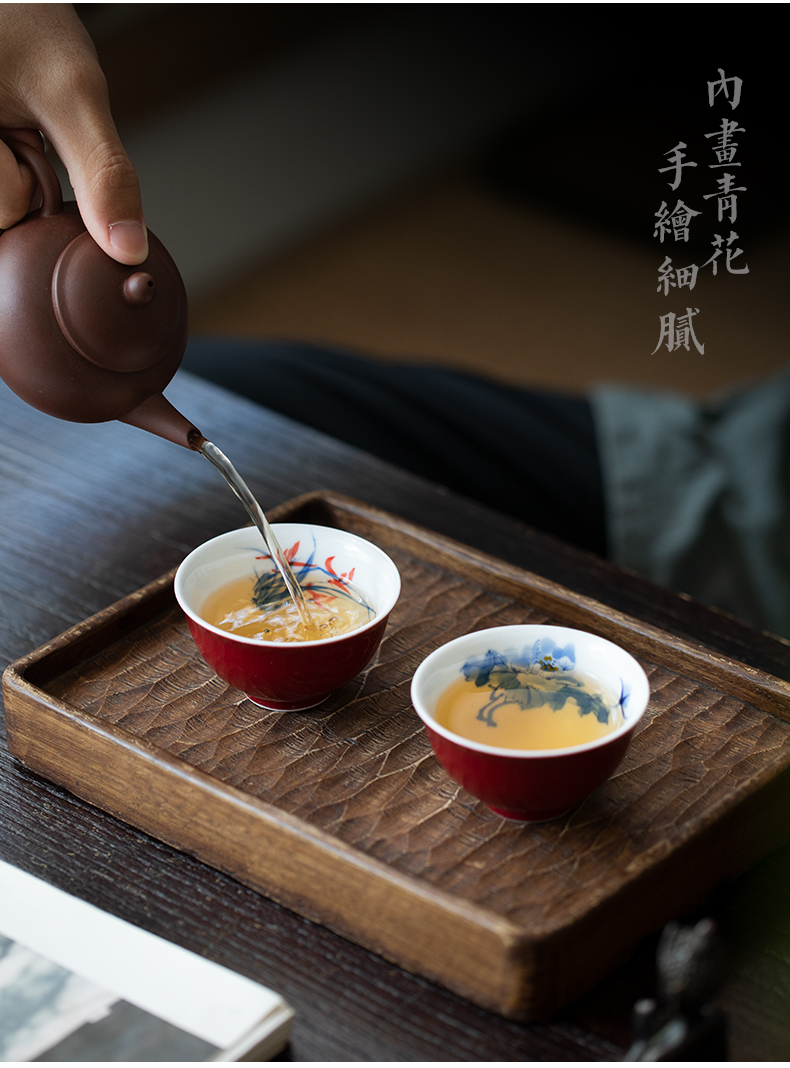 Jingdezhen blue and white sample tea cup ji red glaze hand - made the master sample tea cup cup freehand brushwork in traditional Chinese kung fu tea cup ruby red glaze