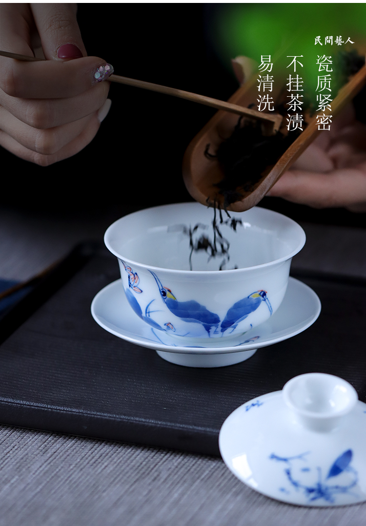 Hand - made ceramic tureen jingdezhen blue and white porcelain cups three bowl of hot white porcelain Hand not only catch a bowl of tea