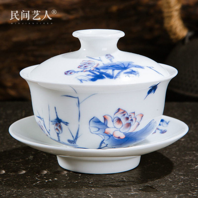 Jingdezhen Ceramic Cover Bowl Tea Cup Kongfu Tea With Tea 3 Only Bowl Green Flower Venerable Tea Cup Hand Grip Tea Bowl Small Number