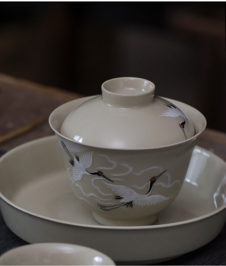 Jingdezhen plant ash hand - made ceramic tea set household contracted kung fu the crane tureen hot tea bowl