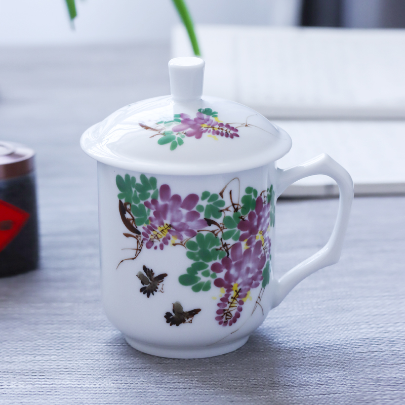 Jingdezhen ceramic hand - made office cup under the glaze colorful tea tea large white porcelain office take with cover
