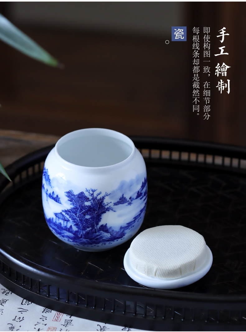 Jingdezhen blue and white landscape hand - made Chinese style restoring ancient ways seal save tea caddy fixings size box of tea