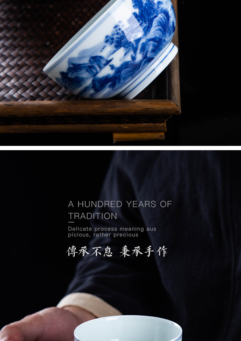 Blue and white cup masters cup of jingdezhen ceramic tea set large sample tea cup inside and outside the painting landscape manual single CPU