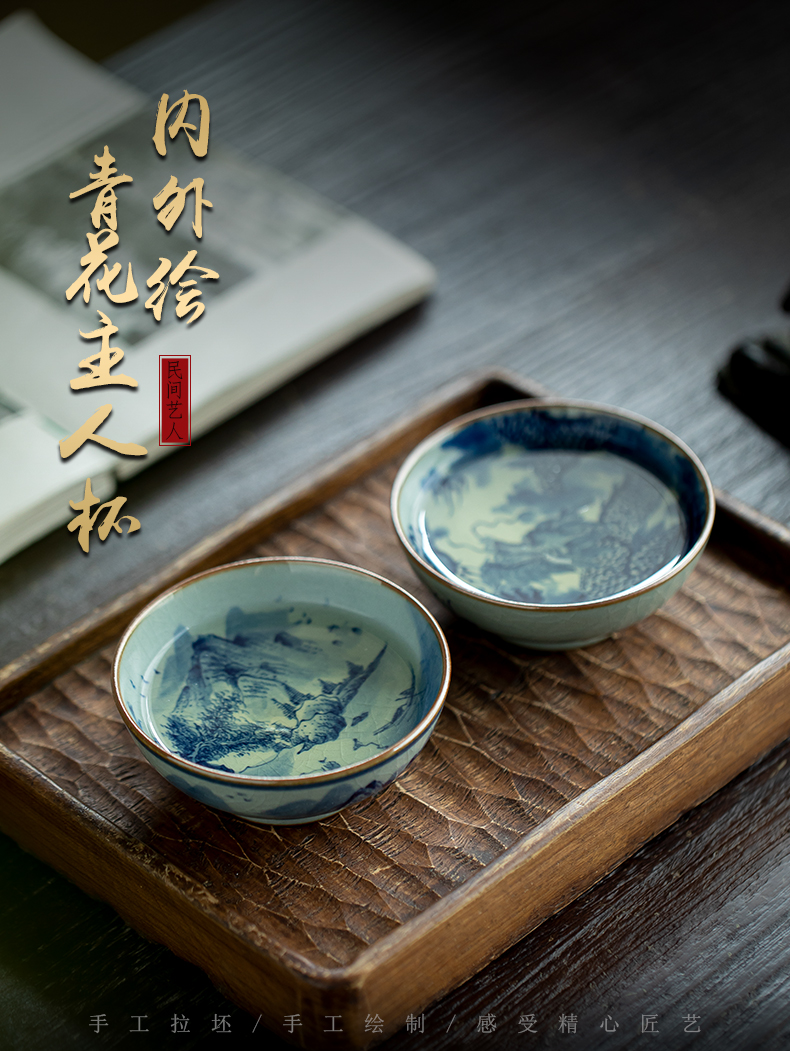 Blue and white made inside and outside the dragon landscape master cup of jingdezhen ceramic manual hand - made single CPU kung fu tea cup clay