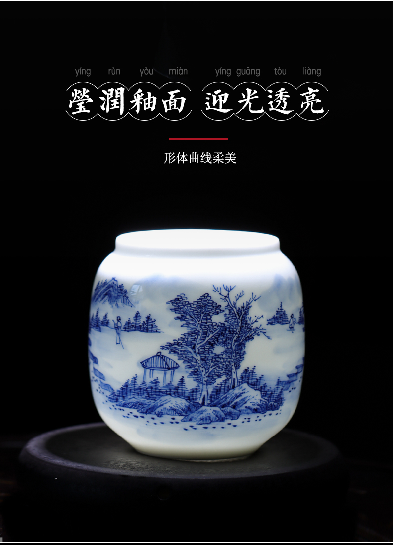 Jingdezhen blue and white landscape hand - made Chinese style restoring ancient ways seal save tea caddy fixings size box of tea