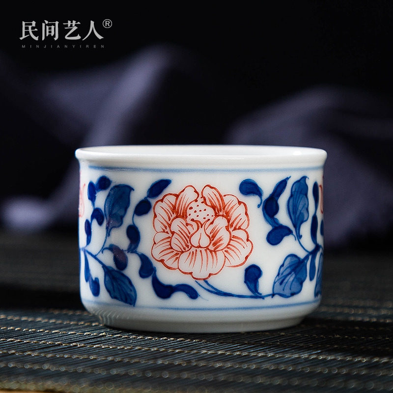 Hand-painted glaze red blue and white bamboo cup Jingdezhen ceramic kung fu tea set single cup teacup master cup small tea bowl
