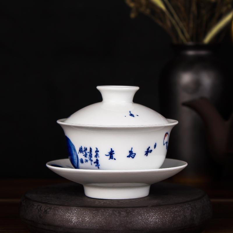 Jingdezhen ceramic tea only three cups of blue and white tea tureen tea cups kung fu tea bowls bowl to tea cups