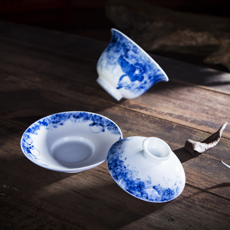 Large kung fu tureen hand - made porcelain lotus tea cup under the jingdezhen ceramic glaze color high capacity thickening bowl