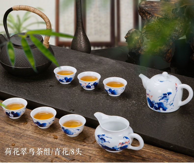 Jingdezhen ceramic tea set 8 head hand - made under glaze color porcelain kung fu tea tea set of gift bag in the mail