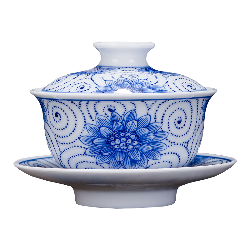 Jingdezhen hand - made ceramic three bowl to bowl is only blue and white porcelain tea set hand grasp tureen large kung fu