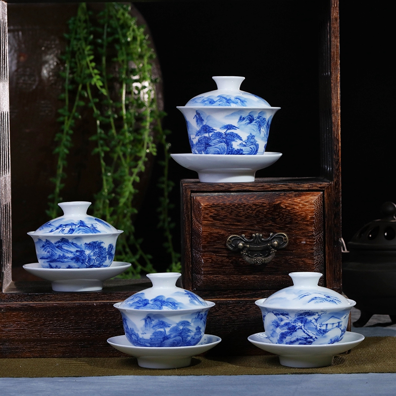 Jingdezhen only three bowls of tureen hand - made ceramic blue large kung fu tea tea cup tea taking worship bowl of tea