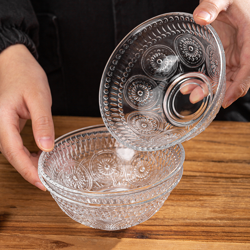 Retro Sunflower Embossed Glass Bowl Condiment Dipping Bowl Kidsren's Rice Bowl Transparent Salad Snack Dried Fruit