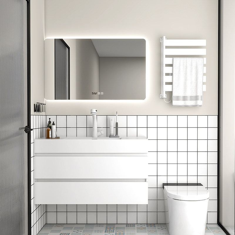 Japanese-style minimalist integrated ceramic solid wood bathroom cabinet combination modern beauty mirror smart toilet wash basin