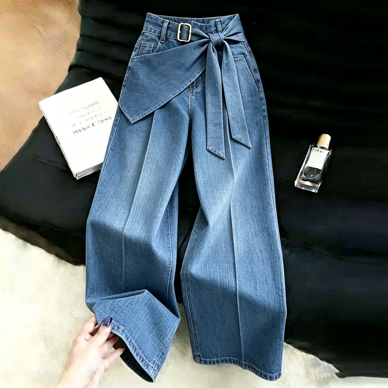 Lazy Style Blue Ribbon Jeans for Women, 2026 Summer Trendy New Simple Casual Fashion Versatile Pants