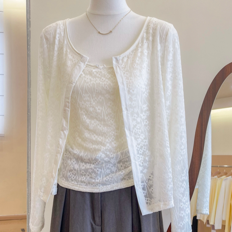Lace Sun Protection Cardigan for Women, Hollow-Out Chinese-Style Thin Coat, Small Shawl, Summer Wear with Suspender Skirt, Short Blouse