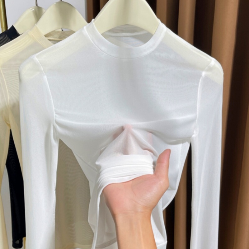 Round Neck Mesh Base Shirt for Women, Spring and Autumn 2025 New Versatile White Long-Sleeve Thin Inner Shirt Lace Top Round Neck Mesh Base Shirt for Women, Spring and Autumn 2025 New Versatile White Long-Sleeve Thin Inner Shirt Lace Top