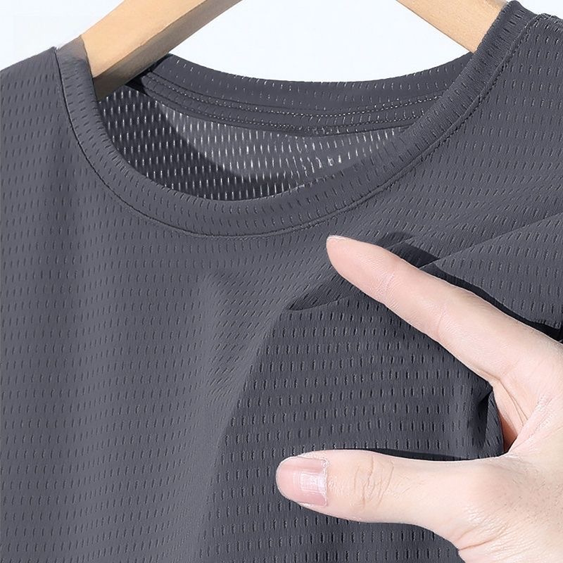 夏季冰丝t恤男士运动凉感网眼透气薄款半袖宽松大码纯色上衣速干T