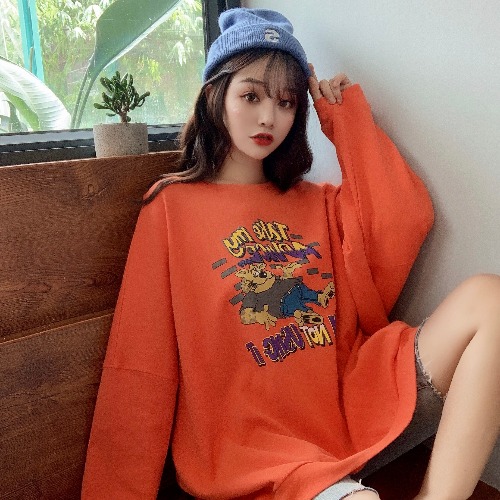 Real shot spring new Korean versatile college style solid color cartoon printing Pullover Sweater thin T-shirt cotton