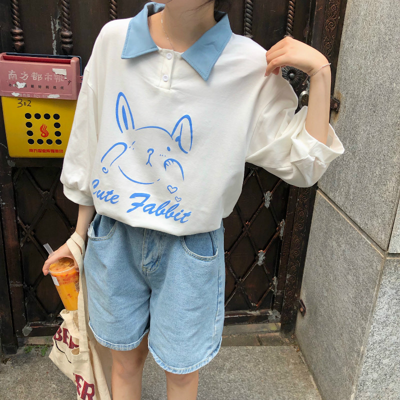 Real photo summer new school style cute rabbit print Lantern Sleeve loose Lapel short sleeve T-shirt cotton
