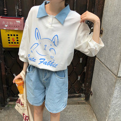 Real photo summer new school style cute rabbit print Lantern Sleeve loose Lapel short sleeve T-shirt cotton