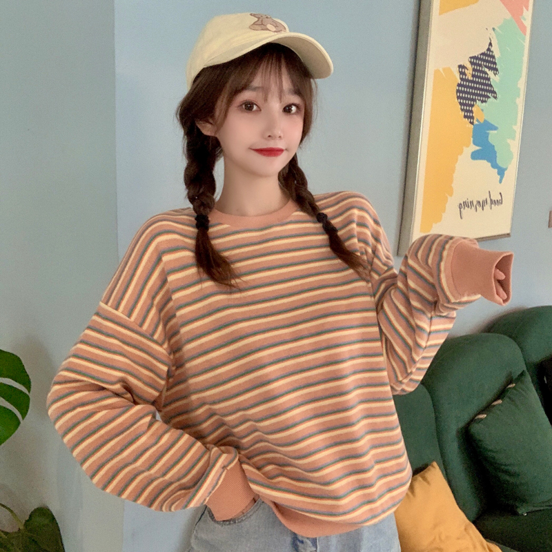 Real shot real price striped sweater women's fashion ins thin spring and autumn loose long sleeve versatile girl student top