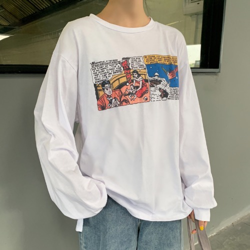 Real shot 2020 autumn dress new Korean mid long length versatile front and back printed Crew Neck Long Sleeve T-Shirt