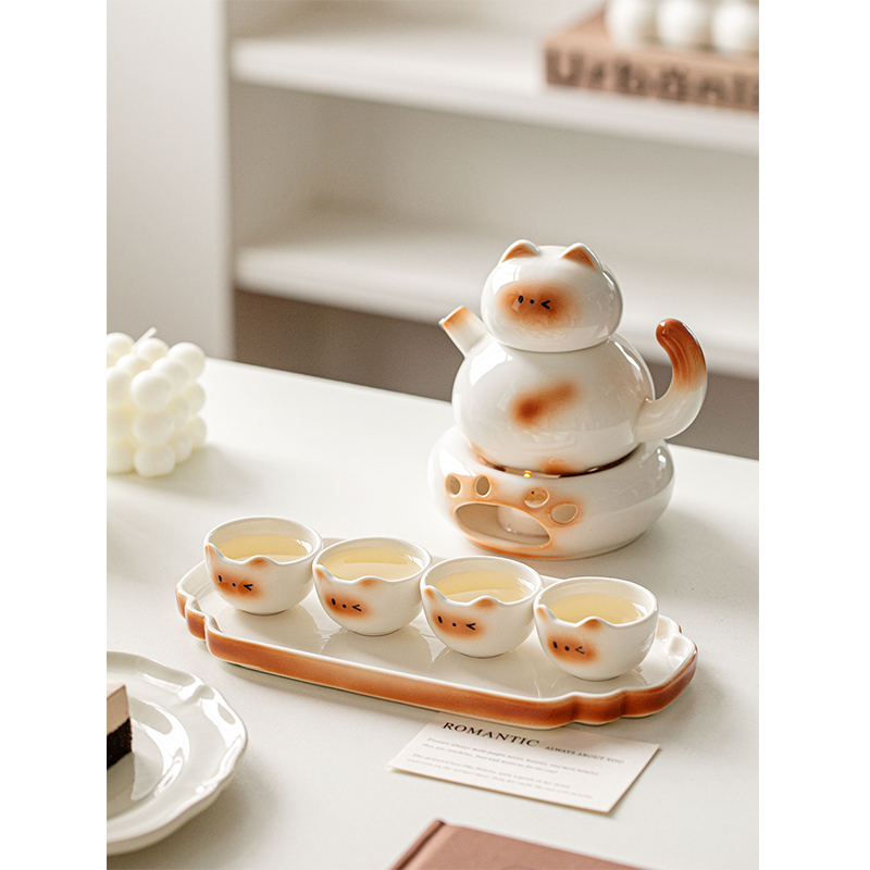 Cute Siamese Cat Ceramic Kung Fu Tea Set, Handmade Small Teapot and Teacups, Home Use, Birthday Gift, Gift Box Set