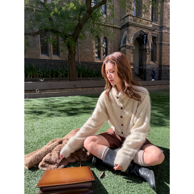 Aveline Stacked Collar Autumn and Winter Outfit for Women, Loose Design Wool Blend Brushed Knit Cardigan Jacket Aveline Stacked Collar Autumn and Winter Outfit for Women, Loose Design Wool Blend Brushed Knit Cardigan Jacket