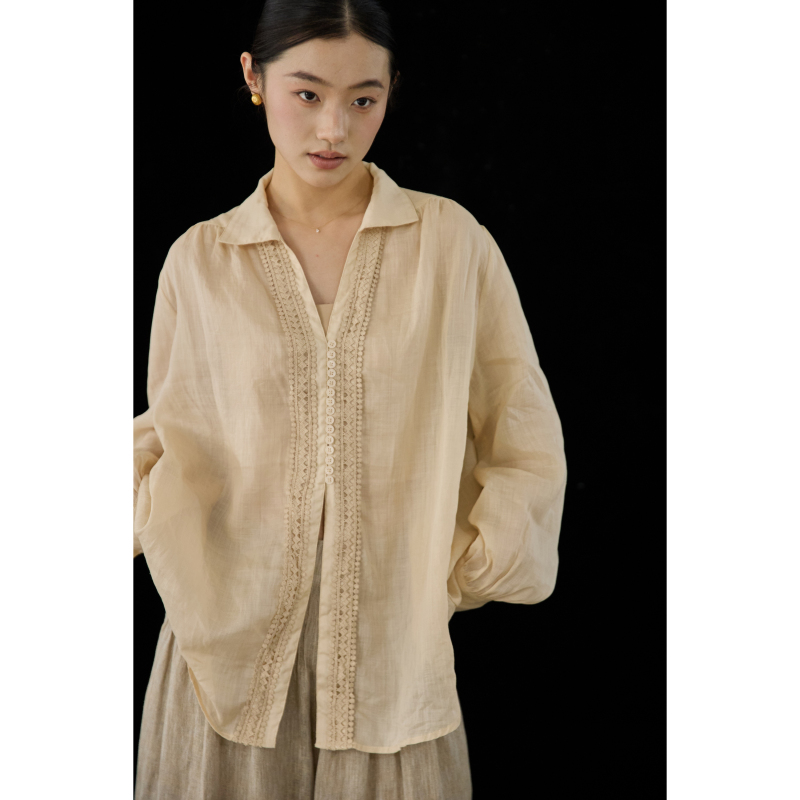 【Aveline】Summer V-Neck 100% Ramie Long-Sleeve Top with Hand-Crocheted Embroidery on the Placket, Mist Pink Shirt for Women