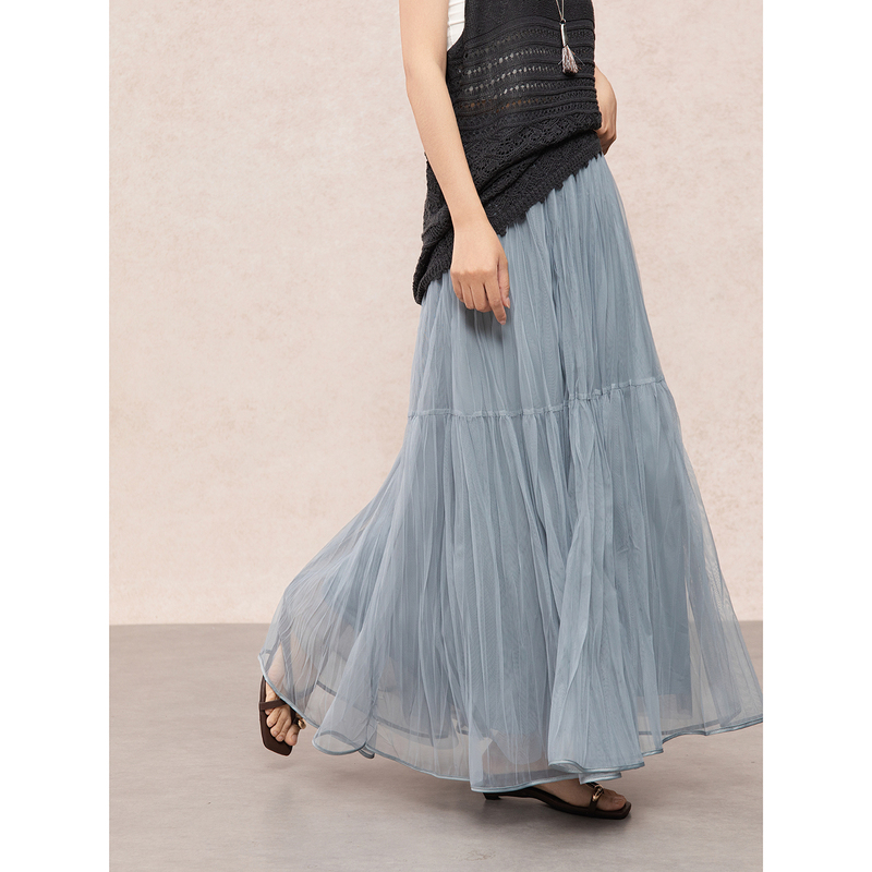 Belin'Mist Veil' Haze Blue High-Waisted Mesh Skirt for Women, Layered Splicing, Drapey and Flowing Long Skirt