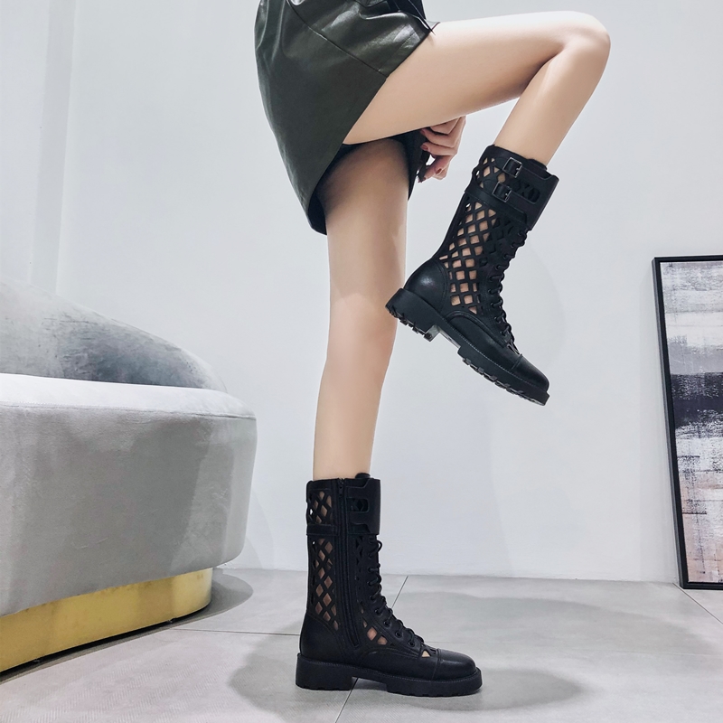 Martin Boots Woman Summer Thin breathable 2022 new 100 hitch genuine leather mesh Boots Mesh Hollowed-out Boots Woman Midi Boot