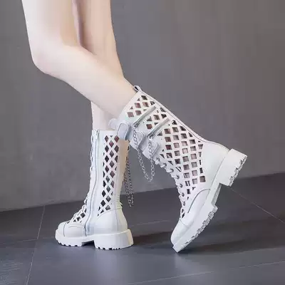 Martin boots women's summer thin 2021 spring and summer leather breathable all-match handsome mid-tube net boots hollow boots women's summer