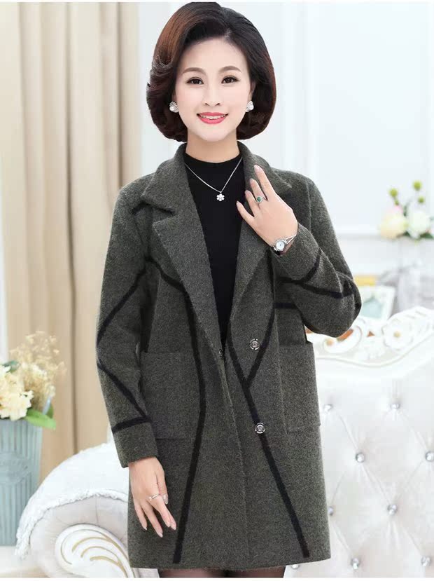 Mẹ tải mùa thu và mùa đông khí chất phù hợp với cổ áo len áo len ở giữa của phụ nữ trung niên thời trang áo len cashmere - Trung bình và dài Coat áo khoác nữ cao cấp