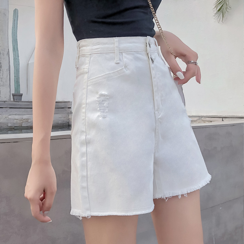 Large size women's summer elastic denim shorts high waist thin fat sister mm 200 jin loose white wide pants