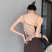 Paloma wool spot one-line collar backless spider web hollow suspender slim slit dress women summer