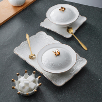 Suo Kitchen Phnom Penh Birds Nest Dessert Bowl Ceramic with Cover Bowl Sugar Tremella Bowl European Relief Palace Soup Cup Set