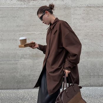 Thick brushed shirt mid-length loose long-sleeved cardigan