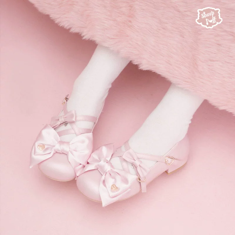 【Показать две шарики】Сатиновая конфетная шерстяная Паф Лоли Satin Pu туфли на низком каблуке