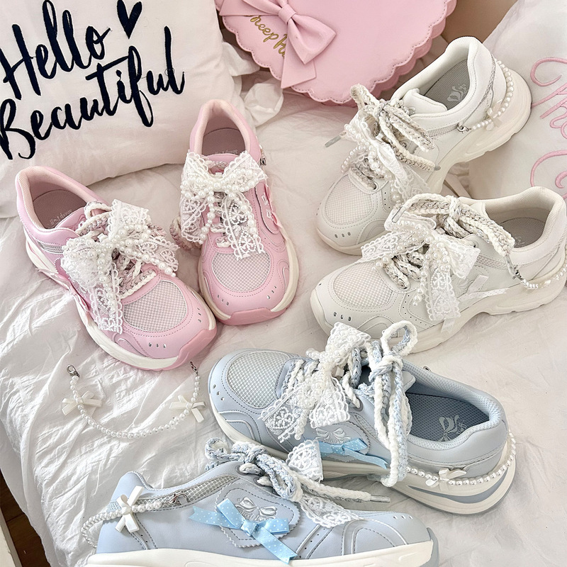 [in Stock] Heartbeat Signal Thick-Soled Sneakers Original Design Lo Running Shoes Cute Round-Toe Running Shoes with Bowknot Authentic