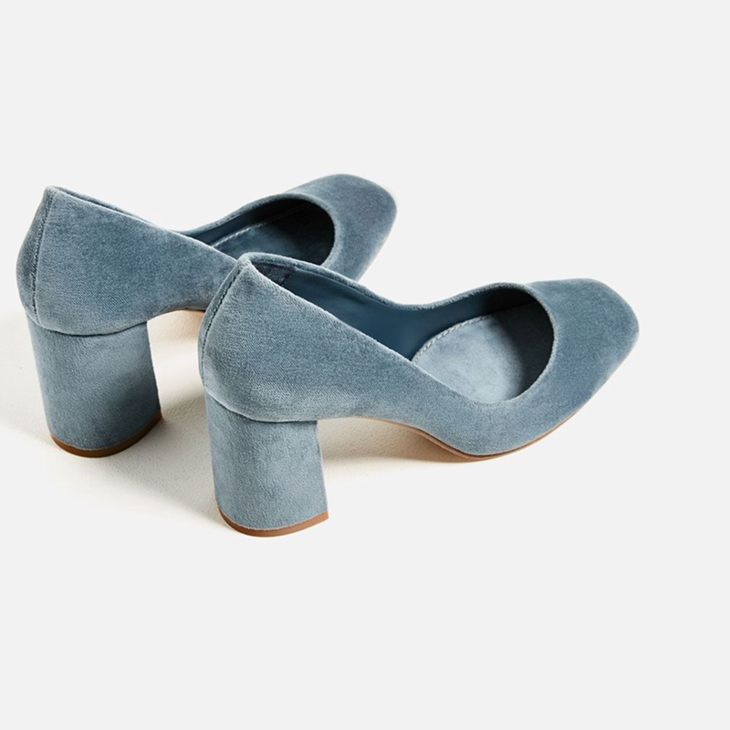 Velvet High Heels Women's Retro Square Toe Chunky Heel Shoes 2025 New Shallow Mouth Suede Blue Versatile Commuting Ol
