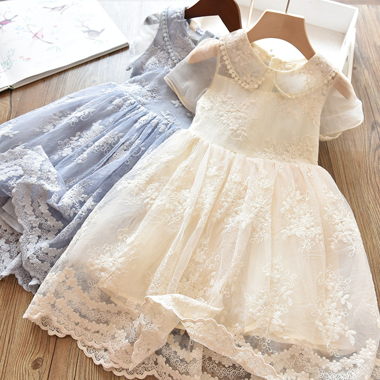 Korean children's clothing new dress medium and big girls heavy industry embroidery lace lapel dress children's temperament fairy princess dress