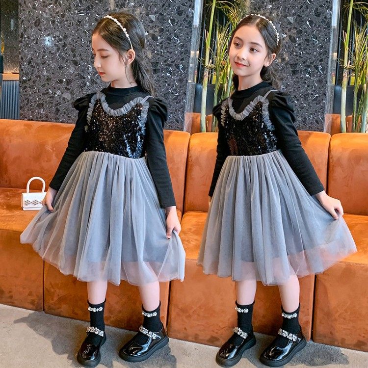 2022 autumn new girls' long-sleeved small fragrant sling dress sequins mesh puff sleeve princess skirt suit