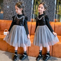 2022 Autumn Dress New Girl Long Sleeves Small Fragrance Charms Slip Dress Sequin Mesh Puff Sleeves Princess Skirt Set