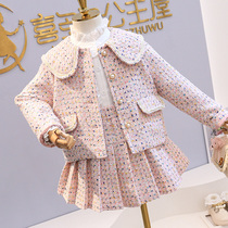 Girls set 2022 spring and autumn dress new small fragrance tweed coat childrens celebrity style skirt two-piece set