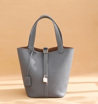 Vegetable basket womens bag original real cowhide bucket bag full hand stitched wax thread handmade diy homemade material bag elephant Ash