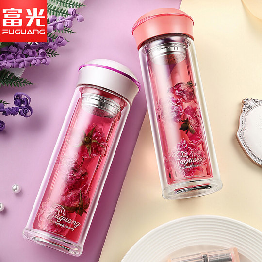 Fuguang Double-Layer Glass Women's Water Cup Portable Tea Cup Cute Handy Cup Flower Tea Cup Small and Cute