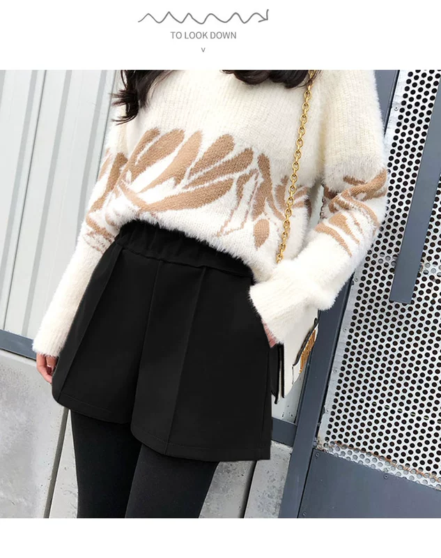 Quần short nữ mùa đông 2018 mới rộng cạp cao hoang dã thon gọn len giản dị mùa thu và quần thun mùa đông