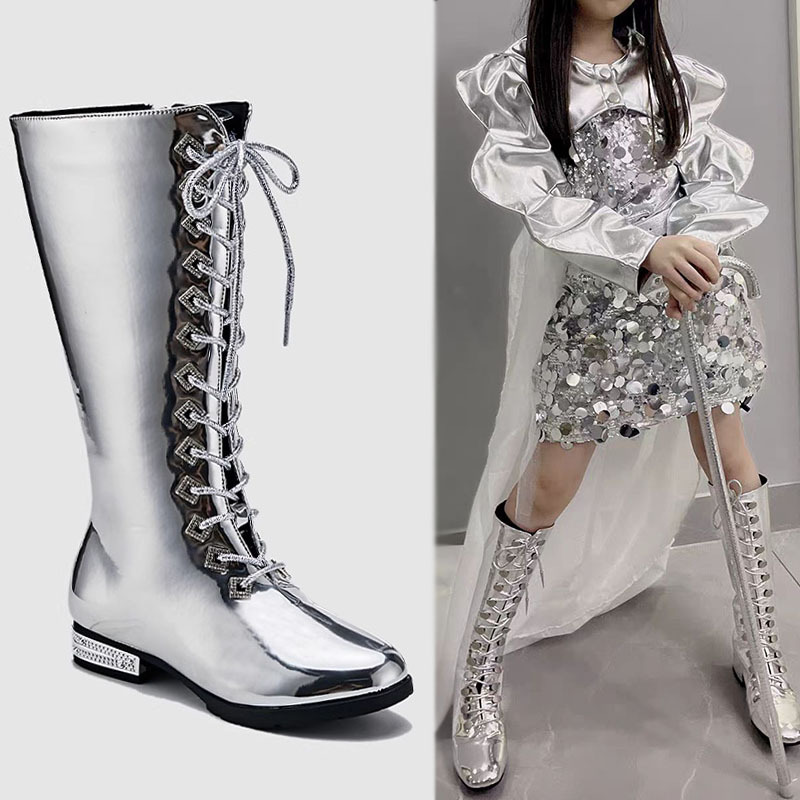 Girls' Silver Patent Leather Long Boots Children's Model Competition Tech Martin Boots Stage Performance Fashion Show Shoes Shiny